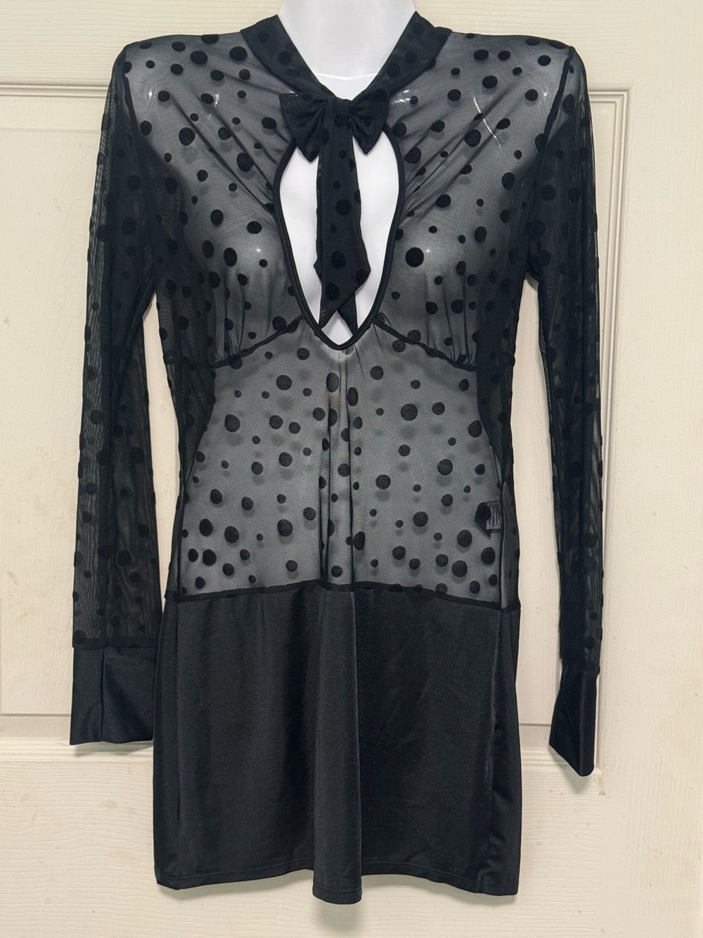 Elegant Moments Sheer Polka Dot Long-Sleeve Dress with Tie Neck - Black Size L